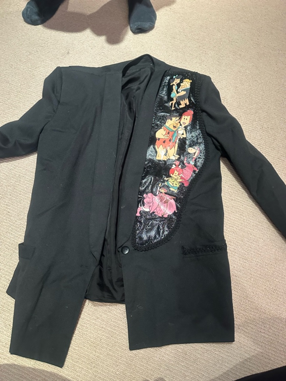 Black Women's Blazer with Colorful Cartoon Panel flintstones hand made